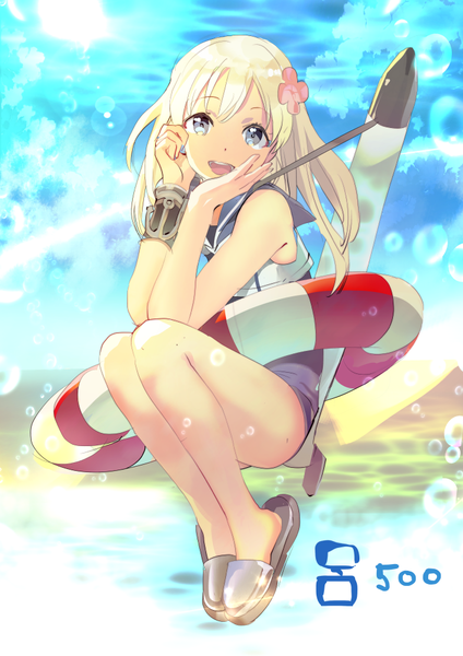 Anime picture 707x1000 with kantai collection ro-500 submarine 119 single long hair tall image open mouth blue eyes blonde hair sky cloud (clouds) hair flower girl hair ornament flower (flowers) sailor suit lifebuoy