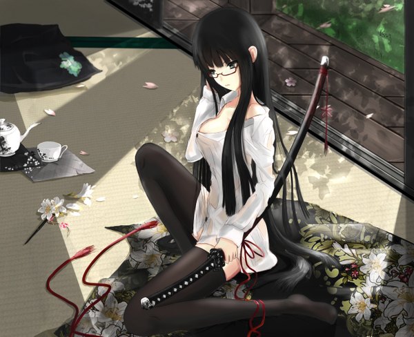 Anime picture 2500x2037 with original kikivi single long hair highres black hair black eyes girl thighhighs flower (flowers) weapon black thighhighs shirt sword glasses katana