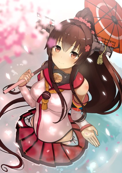 Anime picture 1240x1754 with kantai collection yamato super battleship ccaw single long hair tall image looking at viewer blush fringe smile brown hair standing bare shoulders holding brown eyes ponytail pleated skirt hair flower from above sunlight