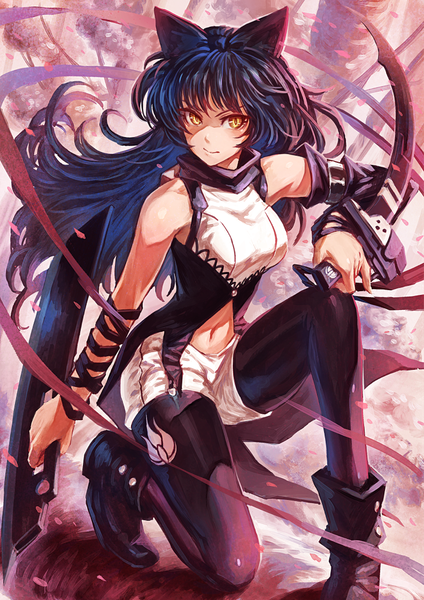 Anime picture 793x1121 with rwby rooster teeth blake belladonna lain (rinlain) single long hair tall image blush fringe smile bare shoulders holding yellow eyes looking away outdoors wind bare belly squat animal eyes cat eyes