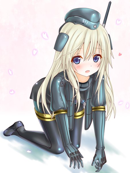 Anime picture 1000x1326 with kantai collection u-511 submarine langley1000 single long hair tall image looking at viewer blush fringe open mouth blue eyes simple background blonde hair pink background on all fours clothes writing girl gloves uniform petals