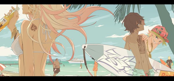 Anime picture 1200x562 with original monq (artist) long hair short hair open mouth blue eyes blonde hair smile brown hair wide image bare shoulders brown eyes pink hair wind multiple boys tattoo surfing girl boy swimsuit