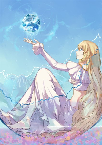 Anime picture 950x1343 with aldnoah.zero a-1 pictures asseylum vers allusia issel single tall image fringe blue eyes blonde hair sitting very long hair profile barefoot light smile bare belly legs outstretched arm looking up blue background girl