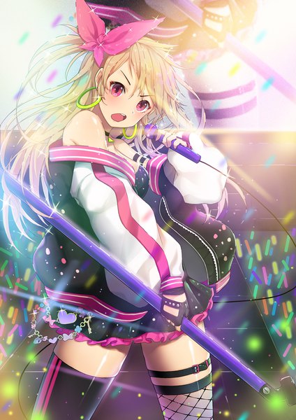 Anime picture 700x990 with original tp (kido 94) single long hair tall image looking at viewer blush blonde hair holding head tilt pink eyes blurry off shoulder :o sparkle shiny skin singing different thighhighs >:o girl