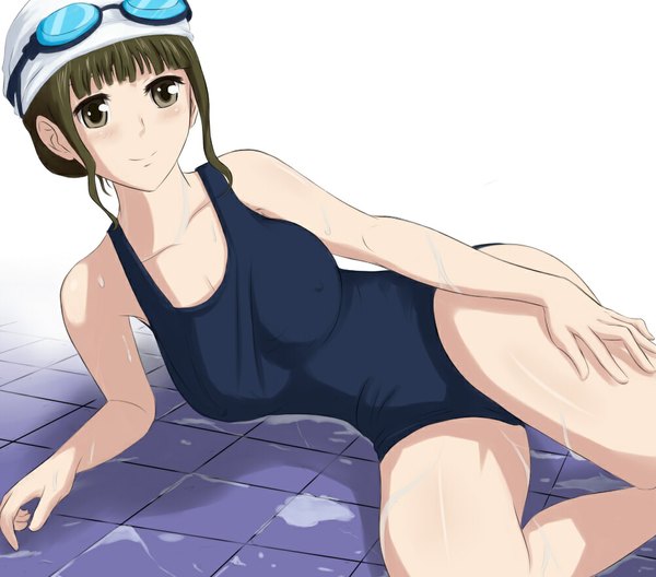 Anime picture 1000x880 with hanasaku iroha p.a. works oshimizu nako q q 958023 single blush light erotic brown hair brown eyes girl swimsuit one-piece swimsuit goggles school swimsuit swim cap