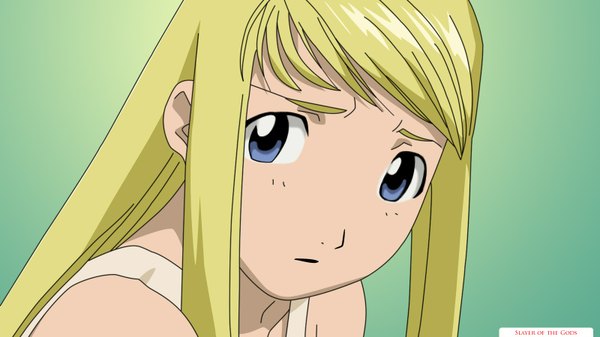 Anime picture 1600x900 with fullmetal alchemist studio bones winry rockbell long hair open mouth blue eyes blonde hair wide image close-up green background girl