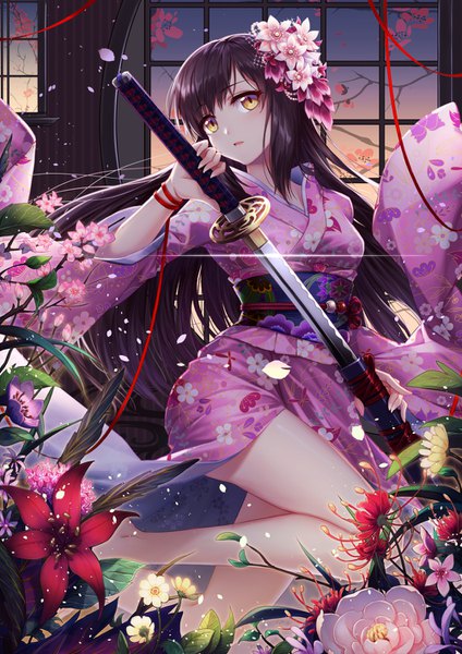 Anime picture 1000x1414 with curry bowl single long hair tall image looking at viewer light erotic brown hair standing holding yellow eyes bent knee (knees) long sleeves nail polish traditional clothes parted lips japanese clothes fingernails wide sleeves cherry blossoms turning head