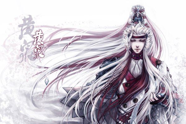 Anime picture 1920x1280 with original sherytan single long hair highres white background white hair red hair eyes closed traditional clothes multicolored hair inscription two-tone hair pale skin eyeshadow boy hair ornament