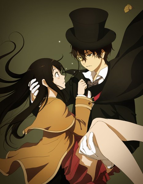 Anime picture 1500x1930 with hyouka kyoto animation chitanda eru oreki houtarou renyu1012 long hair tall image blush short hair open mouth black hair simple background purple eyes looking away pleated skirt wind grey eyes open collar green background girl