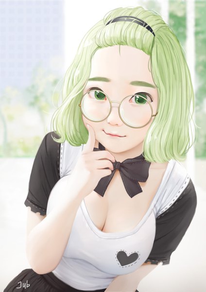 Anime picture 2480x3508 with original momo (jubi) jubi (regiana) single tall image looking at viewer highres breasts large breasts green eyes signed cleavage upper body green hair realistic depth of field finger to mouth light eyebrows :3