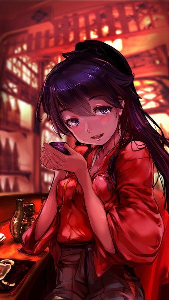 Anime picture 2433x4299 with kantai collection houshou light aircraft carrier nanatsuki sousuke single long hair tall image looking at viewer blush fringe highres breasts open mouth light erotic hair between eyes purple eyes purple hair ponytail traditional clothes :d japanese clothes