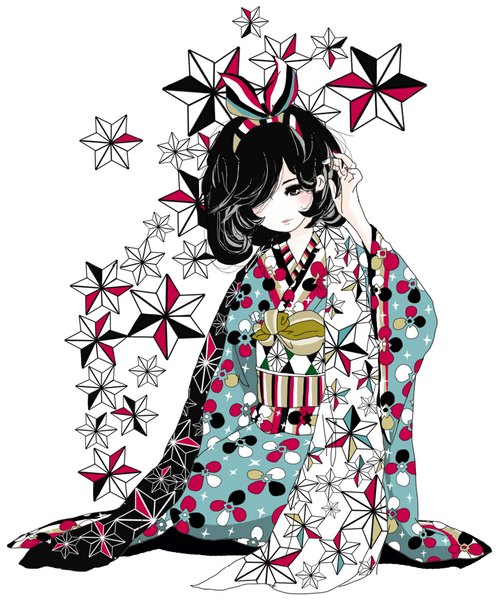 Anime picture 838x1000 with original mzhbank single tall image blush fringe short hair black hair simple background white background sitting brown eyes looking away bent knee (knees) long sleeves hair over one eye wide sleeves kneeling floral print seiza