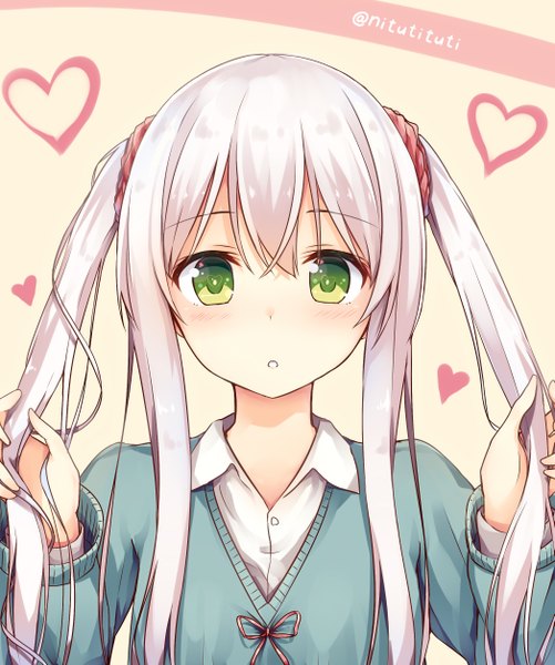 Anime picture 2094x2506 with original mitoko (tsuchikure) tsuchikure (3105mitoko) single long hair tall image looking at viewer blush fringe highres simple background hair between eyes twintails holding green eyes payot upper body white hair one eye closed wink
