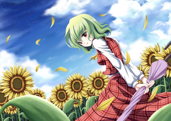 Anime picture 1500x1061 with touhou kazami yuuka zqhzx (artist) single short hair red eyes sky cloud (clouds) looking back green hair closed umbrella girl dress skirt flower (flowers) petals umbrella skirt set sunflower