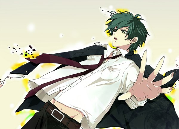 Anime picture 2000x1450 with prince of tennis echizen ryoma wei ren highres short hair open mouth green eyes green hair open clothes clothes on shoulders falling boy shirt necktie belt suit