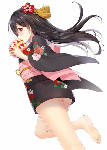 Anime picture 714x1000 with love live! school idol project sunrise (studio) love live! yazawa nico hazuki natsu single long hair tall image blush light erotic black hair simple background red eyes white background bent knee (knees) traditional clothes japanese clothes profile barefoot bare legs