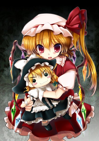 Anime picture 1748x2480 with touhou flandre scarlet kirisame marisa narumizg tall image blush highres open mouth red eyes braid (braids) orange hair loli one side up girl bow hat wings witch hat doll (dolls)