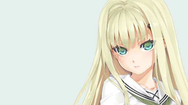 Anime picture 1920x1080 with bishoujo mangekyou (game) omega star kannagi yuuri happoubi jin single long hair looking at viewer fringe highres simple background blonde hair hair between eyes wide image green eyes upper body grey background girl uniform hair ornament serafuku