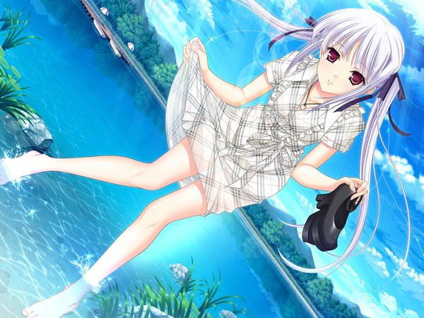 Anime picture 1024x768 with walkure romanze lisa eostre komori kei long hair red eyes twintails game cg white hair girl dress plaid dress