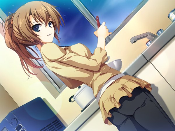 Anime picture 2560x1920 with akatsuki no goei miyagawa kiyomi tomose shunsaku long hair looking at viewer highres blue eyes smile brown hair game cg ponytail cooking girl window kitchen faucet