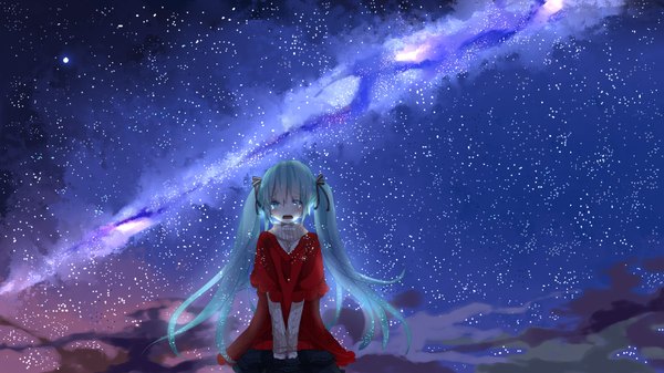 Anime picture 1920x1080 with vocaloid hatsune miku single looking at viewer blush highres open mouth wide image twintails very long hair aqua eyes aqua hair night tears milky way girl dress star (stars)