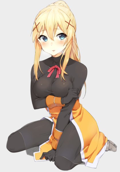 Anime picture 839x1200 with kono subarashii sekai ni shukufuku wo! studio deen darkness (konosuba) omochi no kimochi single long hair tall image looking at viewer blush fringe breasts blue eyes light erotic blonde hair simple background hair between eyes sitting payot full body bent knee (knees)