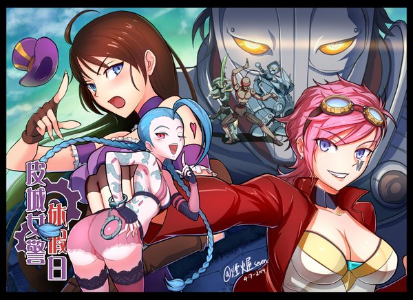 Anime picture 1650x1200 with league of legends jinx (league of legends) caitlyn (league of legends) vi (league of legends) lee sin (league of legends) master yi (league of legends) nunu (league of legends) viktor (league of legends) chen qi (chanseven) long hair blush short hair breasts open mouth blue eyes light erotic smile red eyes brown hair purple eyes
