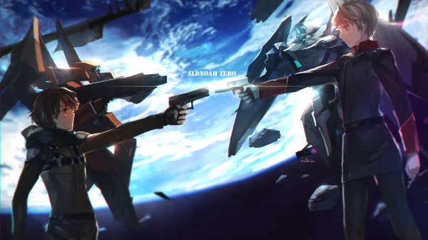 Anime picture 1323x744 with aldnoah.zero a-1 pictures slaine troyard kaizuka inaho swd3e2 short hair blue eyes blonde hair brown hair wide image brown eyes inscription multiple boys copyright name light space mexican standoff boy gloves uniform