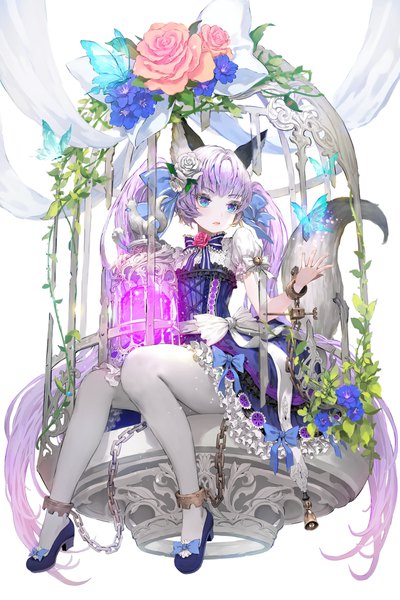 Anime picture 1500x2250 with original tob single tall image fringe blue eyes white background sitting twintails animal ears looking away pink hair tail very long hair animal tail hair flower short sleeves puffy sleeves lipstick pink lipstick