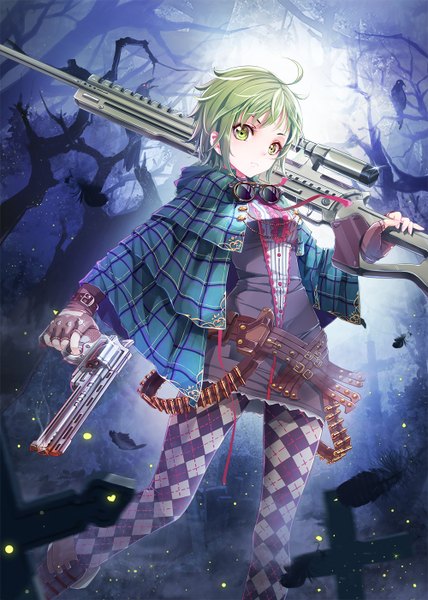 Anime picture 1000x1400 with original wait (artist) single tall image looking at viewer short hair green eyes green hair girl gloves weapon plant (plants) animal pantyhose tree (trees) fingerless gloves bird (birds) gun feather (feathers) cross
