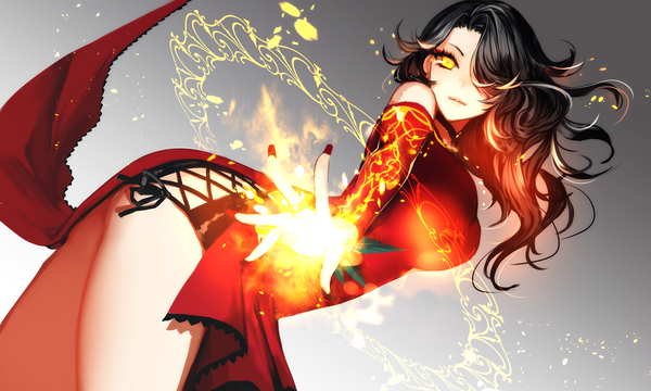 Anime picture 2000x1200 with rwby rooster teeth cinder fall ut (apt) single long hair looking at viewer fringe highres breasts light erotic black hair simple background wide image large breasts white background bare shoulders yellow eyes red hair long sleeves