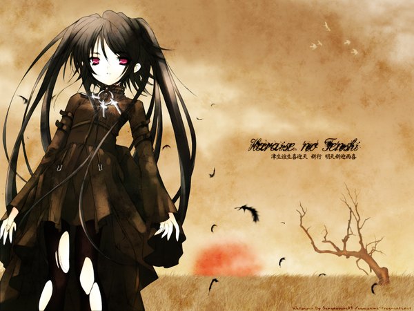 Anime picture 1600x1200 with itou noiji black hair red eyes inscription hieroglyph bare tree torn pantyhose girl plant (plants) animal pantyhose tree (trees) bird (birds) feather (feathers) cross