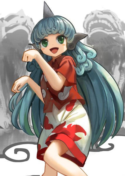 Anime picture 869x1228 with touhou komano aun suna (s73d) single long hair tall image blush fringe open mouth simple background white background green eyes looking away bent knee (knees) horn (horns) aqua hair paw pose curly hair girl komainu