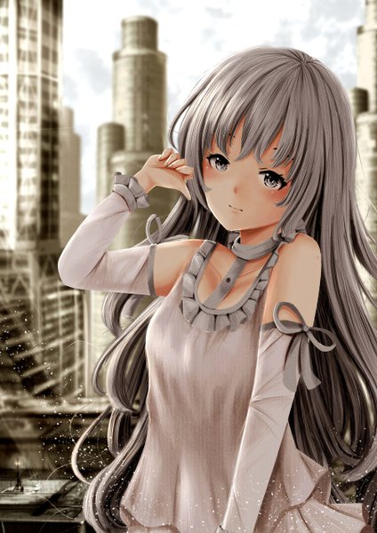 Anime picture 900x1273 with original kirimatsu single long hair tall image looking at viewer blush fringe bare shoulders upper body long sleeves grey hair sunlight grey eyes city cityscape sunbeam girl detached sleeves building (buildings)