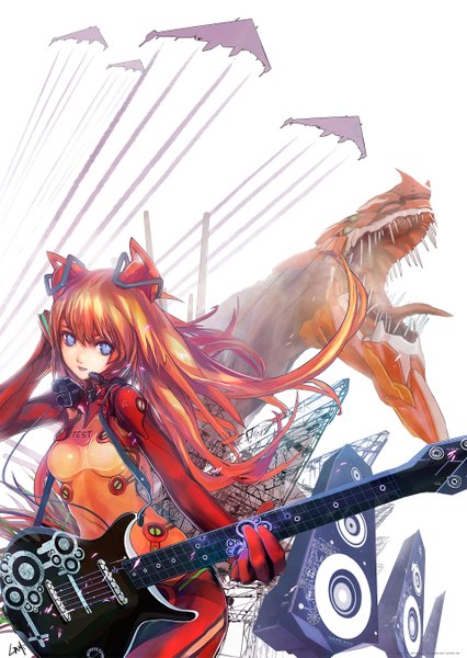 Anime picture 1920x2706 with neon genesis evangelion rebuild of evangelion evangelion: 2.0 you can (not) advance gainax soryu asuka langley lin+ long hair tall image highres blue eyes smile animal ears orange hair girl guitar pilot suit robot aircraft airplane speakers
