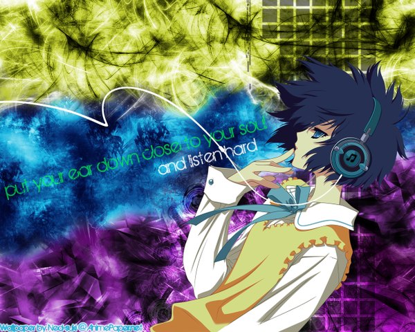 Anime picture 1280x1024 with para-sol yatabe miu carnelian single short hair blue eyes black hair signed profile inscription wallpaper text finger to mouth english third-party edit girl shirt headphones wire (wires) paint