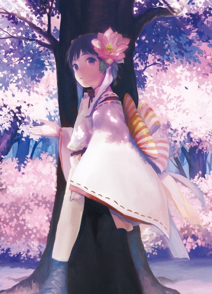 Anime picture 2245x3106 with original takeji single tall image looking at viewer highres short hair black hair purple eyes traditional clothes japanese clothes hair flower wide sleeves girl hair ornament flower (flowers) bow plant (plants) tree (trees) leaf (leaves)