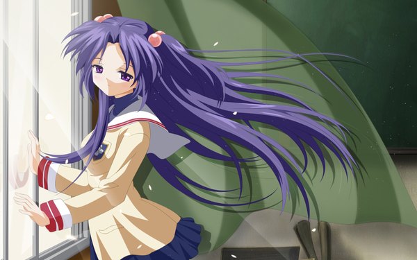 Anime picture 1920x1200 with clannad key (studio) ichinose kotomi solwyvern single long hair highres wide image standing purple eyes purple hair indoors wind two side up vector cropped screencap redraw girl skirt uniform