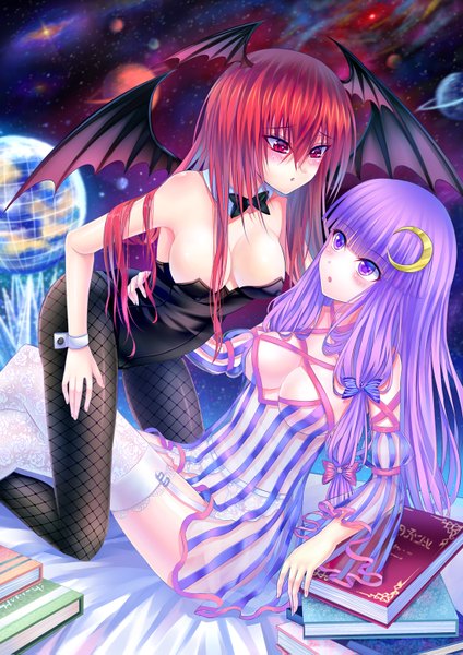 Anime picture 1102x1559 with touhou patchouli knowledge koakuma lunatic (phantasy) long hair tall image blush breasts light erotic red eyes purple eyes multiple girls purple hair red hair head wings girl thighhighs dress 2 girls white thighhighs