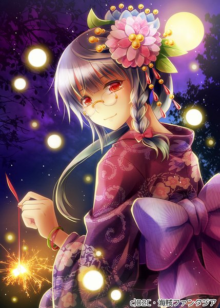 Anime picture 667x933 with pirate maidens (game) demon hunter kiyoka natsuki yuka single long hair tall image black hair smile red eyes cloud (clouds) braid (braids) traditional clothes japanese clothes looking back hair flower night night sky single braid girl hair ornament