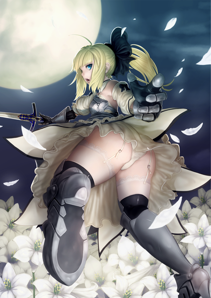 Anime picture 1254x1771 with fate (series) fate/stay night fate/unlimited codes type-moon artoria pendragon (all) saber saber lily banajune single long hair tall image open mouth blue eyes light erotic blonde hair ponytail girl thighhighs dress underwear