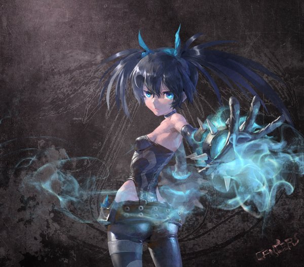 Anime picture 1698x1492 with arche blade (game) renny cancer (zjcconan) single looking at viewer fringe breasts blue eyes light erotic black hair simple background twintails bare shoulders signed looking back midriff outstretched arm glowing flat chest serious