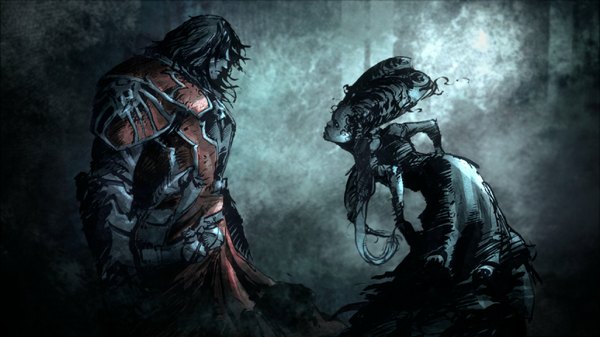 Anime picture 2133x1200 with castlevania castlevania: lords of shadow konami gabriel belmont highres short hair black hair wide image dark background monster girl girl boy armor