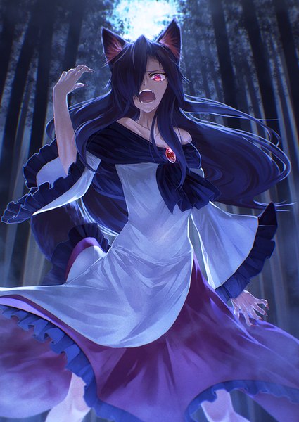 Anime picture 724x1023 with touhou imaizumi kagerou ibuki notsu single long hair tall image fringe open mouth black hair red eyes standing animal ears sky tail long sleeves nail polish animal tail fingernails cat ears hair over one eye