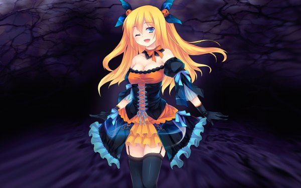 Anime picture 1680x1050 with microsoft aizawa hikaru long hair blue eyes blonde hair wide image one eye closed wink girl thighhighs dress gloves black thighhighs