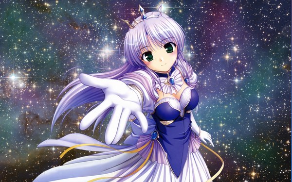 Anime picture 1920x1200 with yoake mae yori ruri iro na august soft feena fam earthlight single long hair looking at viewer blush fringe highres breasts blonde hair wide image standing green eyes head tilt light smile floating hair outstretched arm outstretched hand space