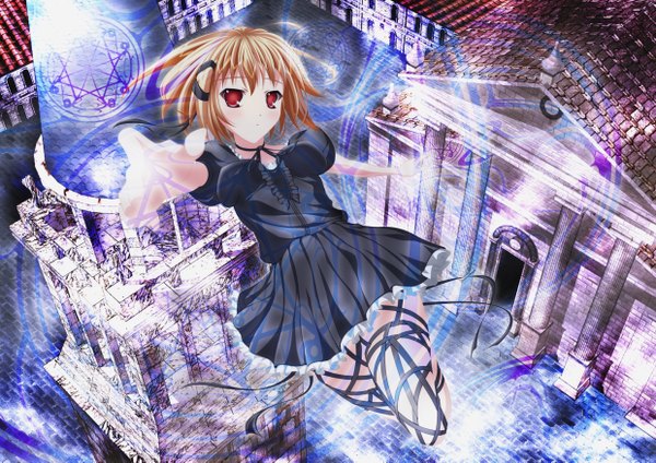 Anime picture 2480x1753 with rinereeto (artist) highres short hair red eyes brown hair from above magic midair girl dress ribbon (ribbons) building (buildings) magic circle