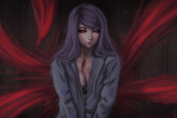 Anime picture 1800x1200 with tokyo ghoul studio pierrot kamishiro rize miura-n315 single long hair looking at viewer fringe highres breasts light erotic red eyes signed purple hair upper body long sleeves light smile lips realistic open shirt