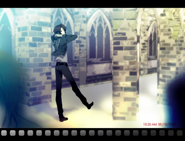 Anime picture 1200x915 with final fantasy final fantasy viii square enix squall leonhart o*mix single short hair brown hair looking back from behind black eyes city arms behind head boy photo (object)