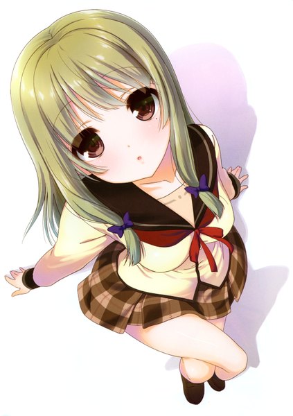 Anime picture 4262x6042 with jinsei kujou fumi nanase meruchi single long hair tall image looking at viewer highres open mouth blonde hair white background brown eyes absurdres scan mole official art mole under eye tress ribbon girl uniform